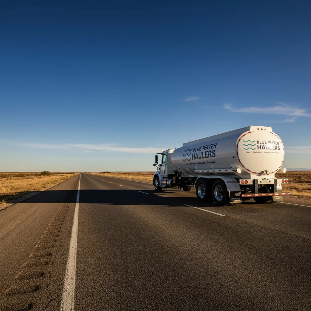 A bulk water delivery truck delivering bulk water for Blue Water Haulers in Houston, TX and surrounding areas. Bulk water delivery truck providing bulk water services across Houston and East Texas.